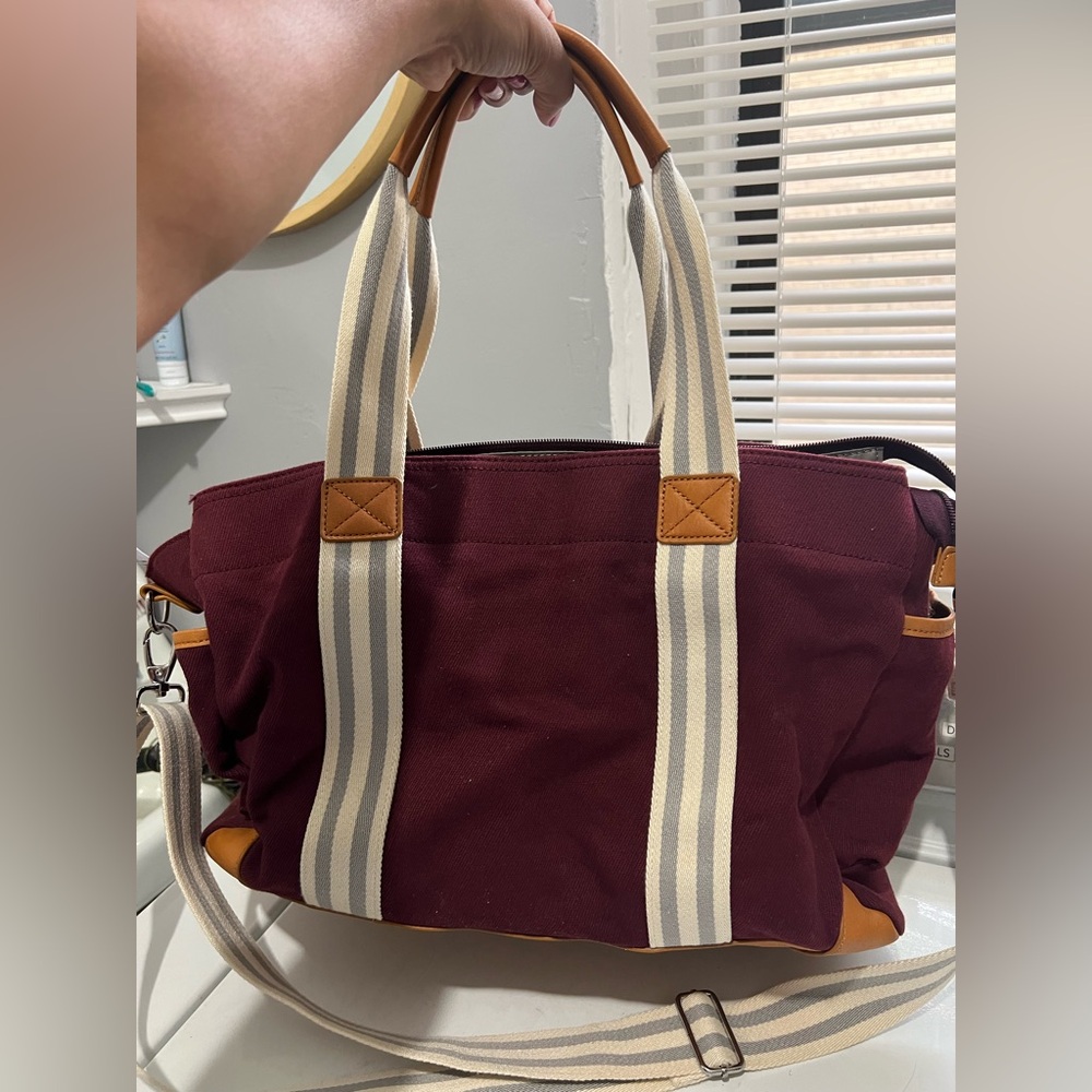Burgundy Pottery Barn Kids Diaper Bag with Tan Accents